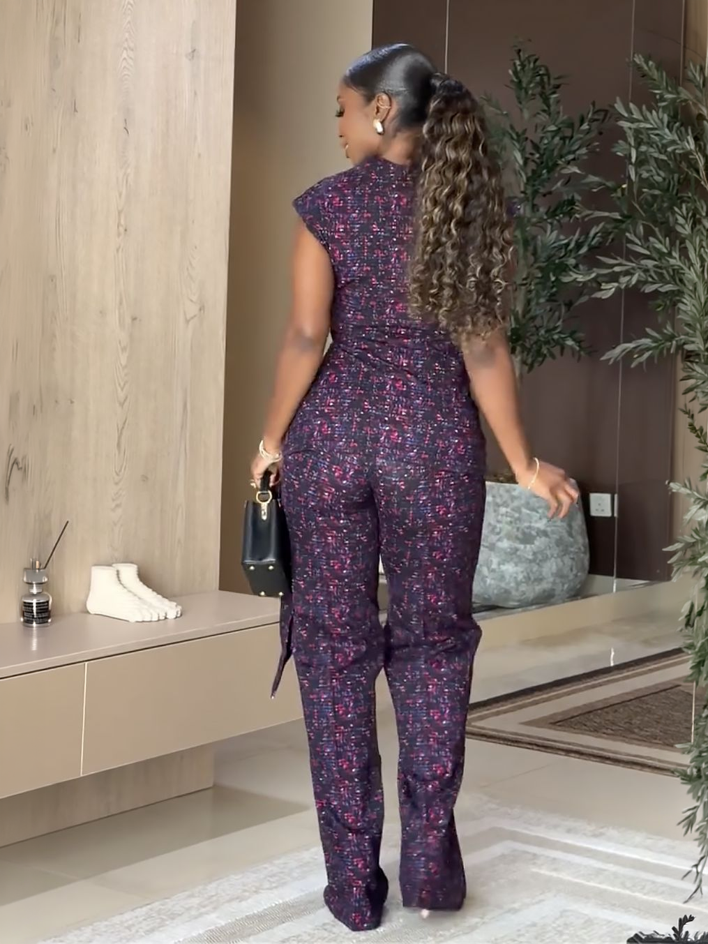 Purple Mosaic Print Wrap Waist Pants Set