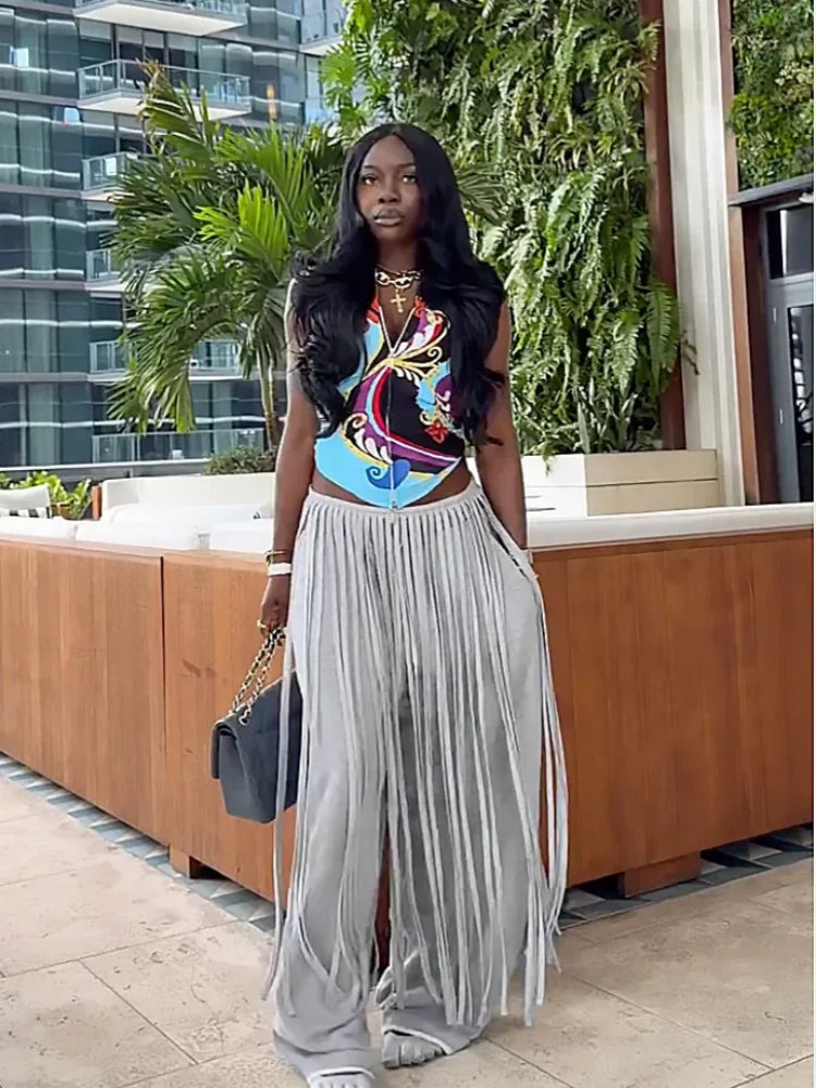Grey Loose Fringe Pants